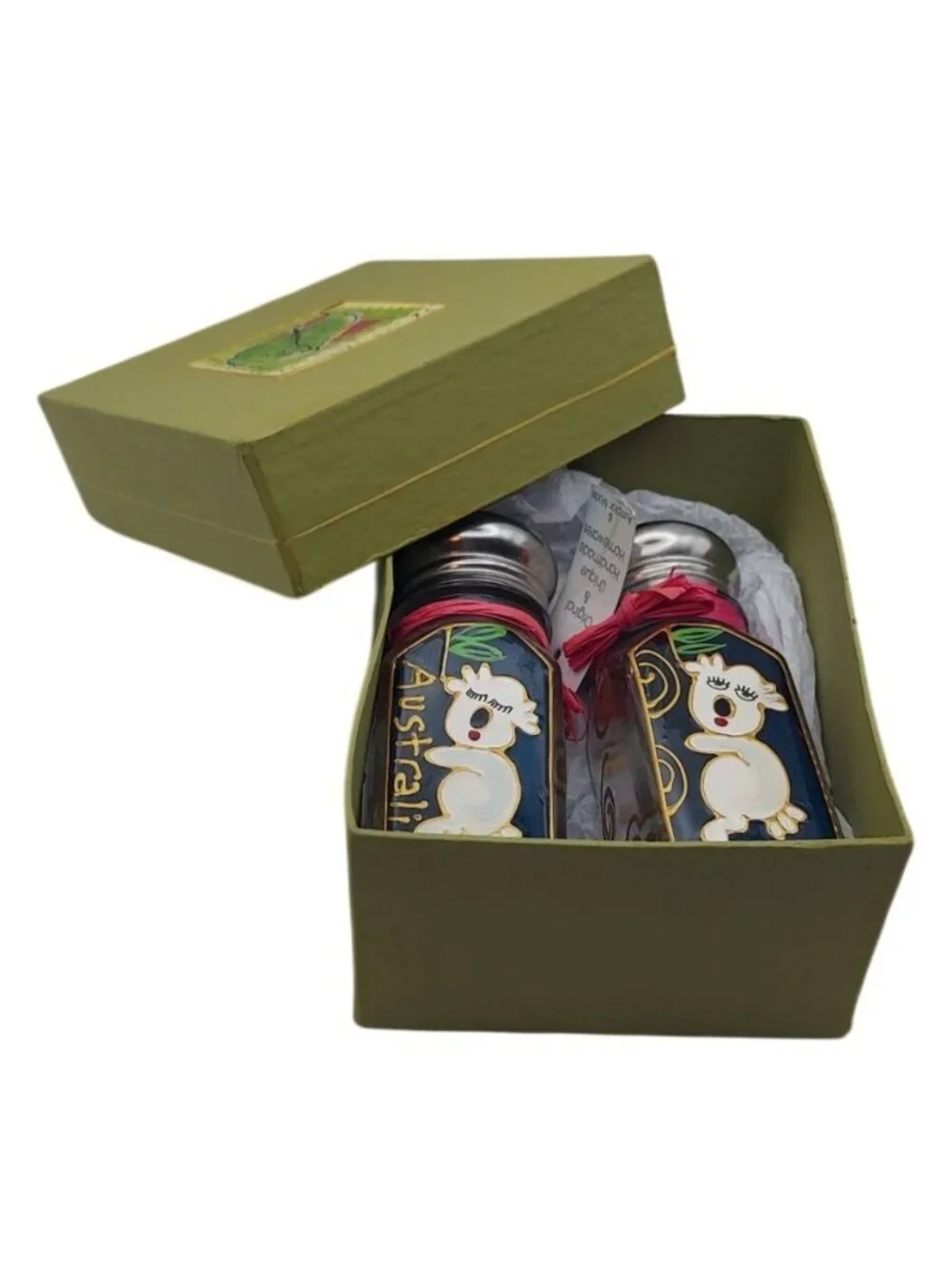 Liza Enger Handpainted Koala Bear Glass Salt & Pepper Shakers Gift Box Australia